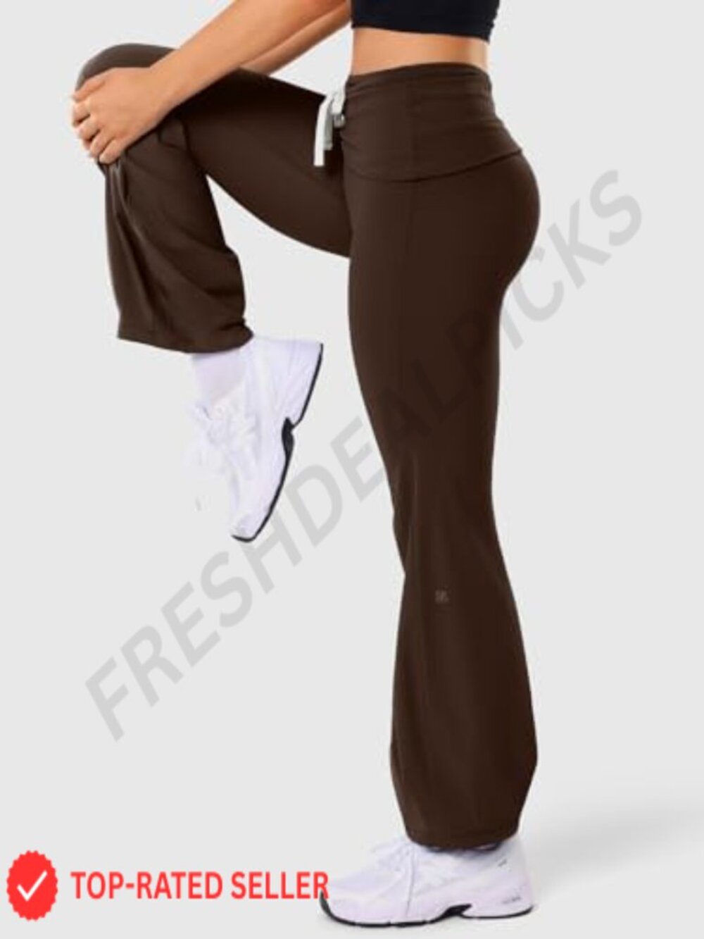 Fold-Over Flare Yoga Pants High Waist Drawstring Tummy Control Leggings Pilates - Picture 4 of 6